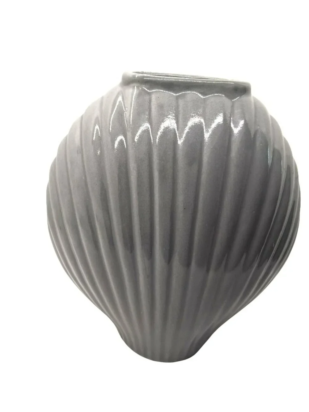 Vintage Art Deco Hollywood Regency Ridged Seashell Gray Ceramic Vase
